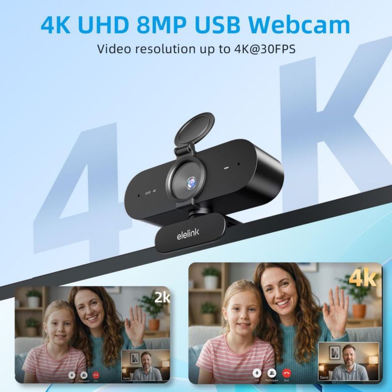 Cámara web Elelink 4K con autoenfoque y micrófonos duales USB