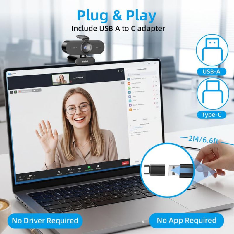 Cámara web Elelink 4K con autoenfoque y micrófonos duales USB