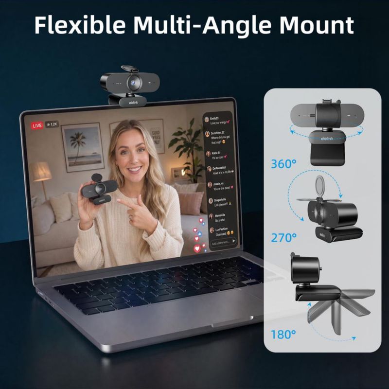 Cámara web Elelink 4K con autoenfoque y micrófonos duales USB