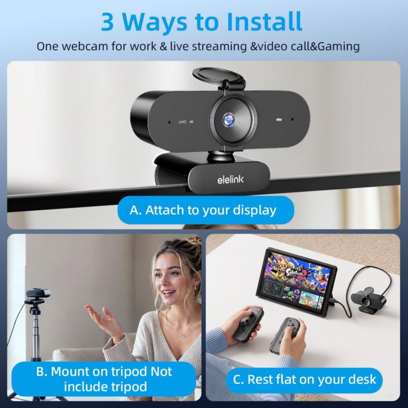 Cámara web Elelink 4K con autoenfoque y micrófonos duales USB