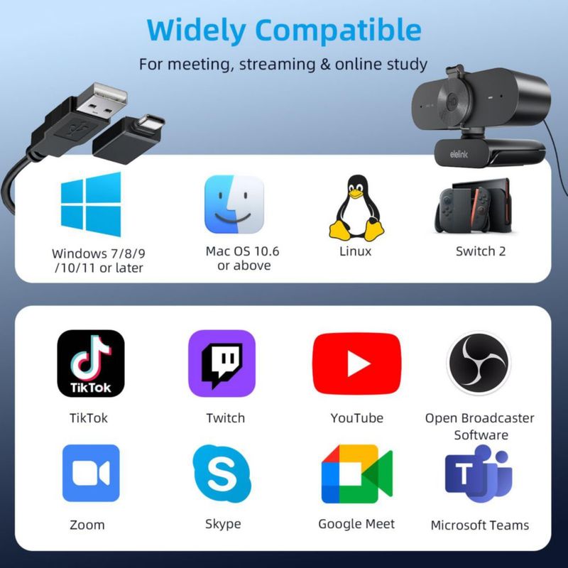 Cámara web Elelink 4K con autoenfoque y micrófonos duales USB