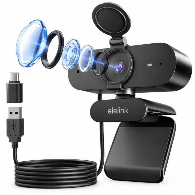 Cámara web Elelink 4K con autoenfoque y micrófonos duales USB