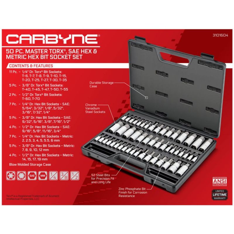 Juego de Vasos y Puntas Carbyne 50 Piezas Métricas y SAE