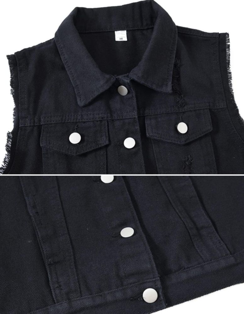 Chaleco VIEWON de denim sin mangas negro desgarrado talla M