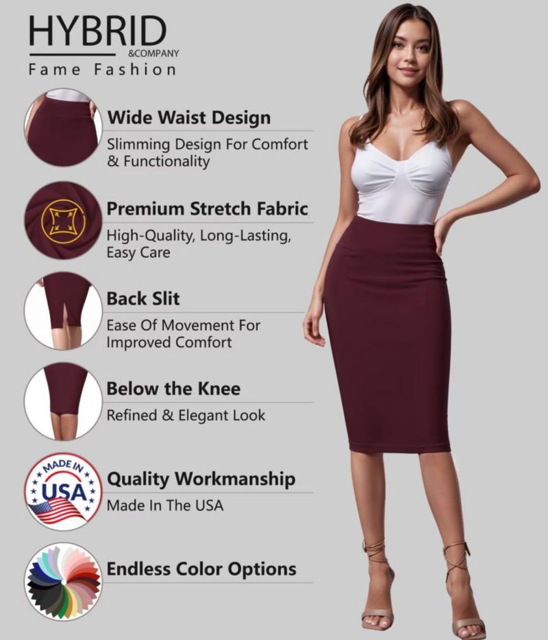 Falda Hybrid & Company XL color Vino cintura alta tejido Ponte con stretch longitud a la rodilla