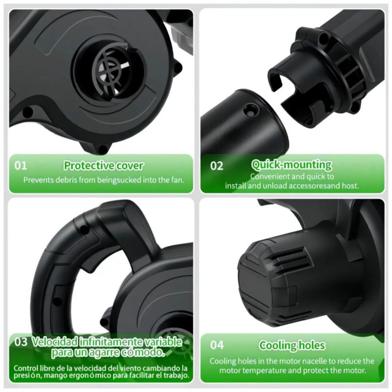 Soplador Aspiradora Inalámbrica Linsen 850W 2 Baterías 4 en 1 Hojas Jardín, Color Negro