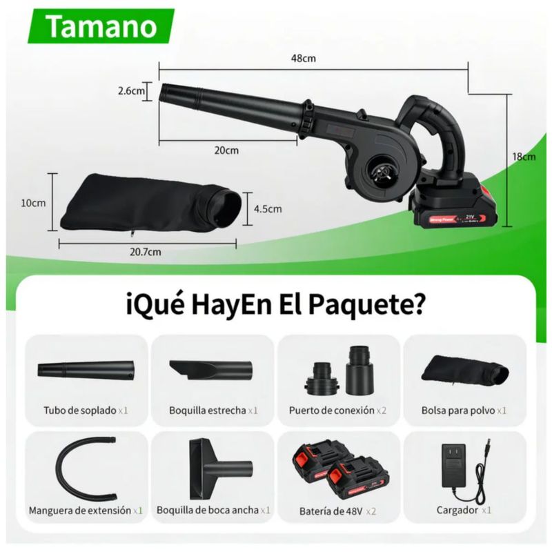 Soplador Aspiradora Inalámbrica Linsen 850W 2 Baterías 4 en 1 Hojas Jardín, Color Negro