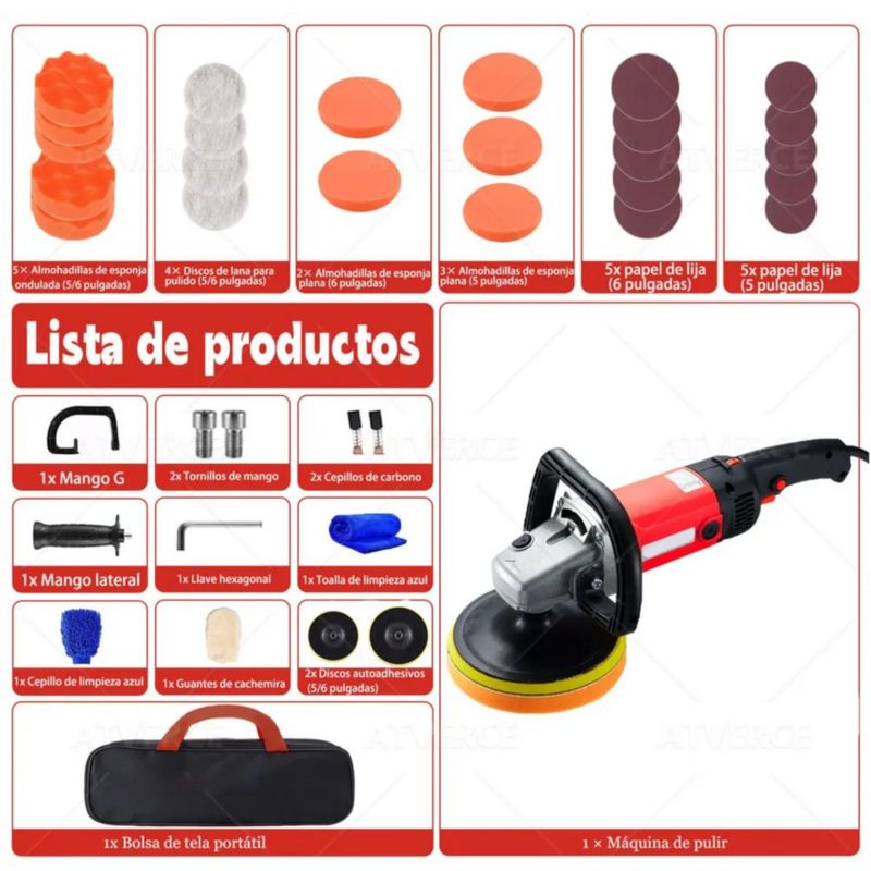 Pulidora para Autos, Lijado Eléctrica 1400W de 8 Velocidad, Ajustable 32pcs Color Negro y Rojo