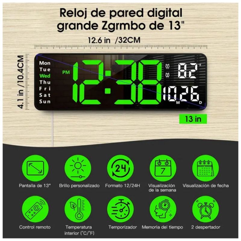 Reloj De Pared Digital Led Decorativo Con Termómetro Alarmas, Color Negro