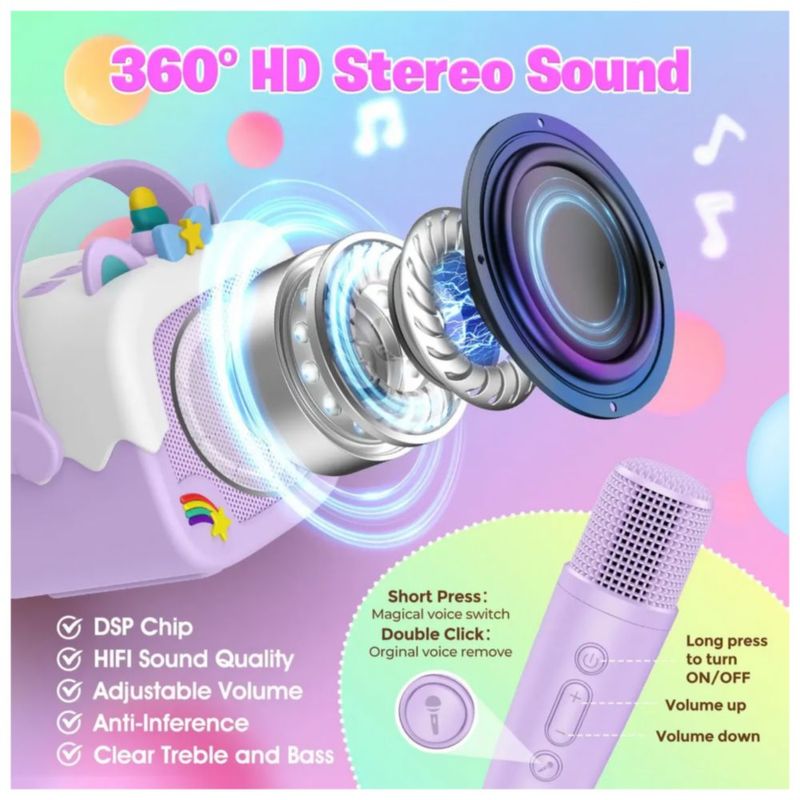 Karaoke con 2 Microfonos Inalambricos, Unicornio Color Morado
