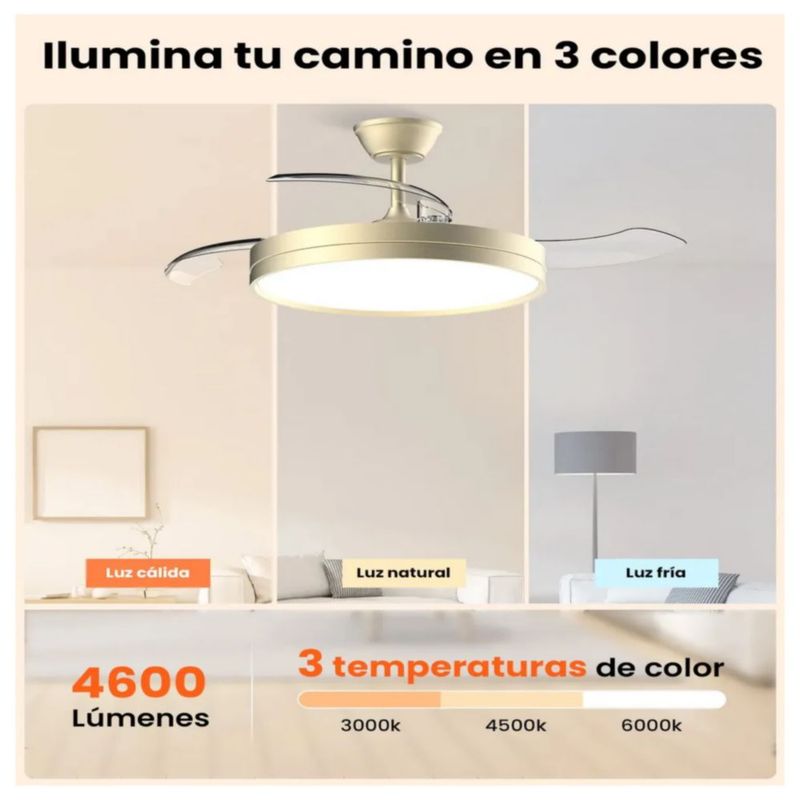 Ventilador De Techo Retráctil 42 Pulgadas Con Luz Led De 3 Tonos, Motor Dc Silencioso Color Cromado