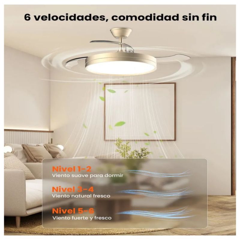 Ventilador De Techo Retráctil 42 Pulgadas Con Luz Led De 3 Tonos, Motor Dc Silencioso Color Cromado