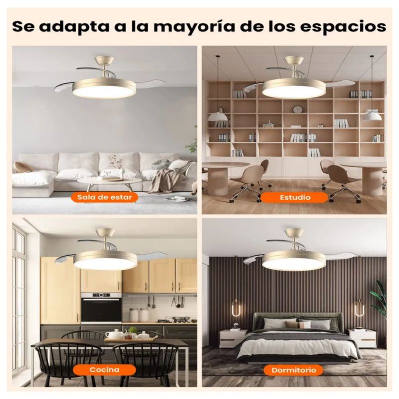 Ventilador De Techo Retráctil 42 Pulgadas Con Luz Led De 3 Tonos, Motor Dc Silencioso Color Cromado