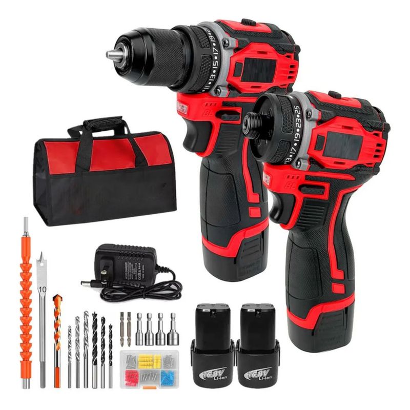 Kit Taladro Inalámbrico Impacto y Atornillador sin Escobillas Color Rojo