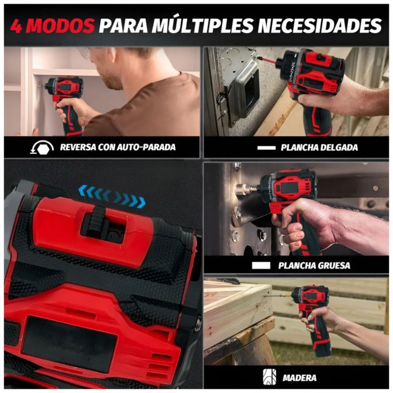 Kit Taladro Inalámbrico Impacto y Atornillador sin Escobillas Color Rojo