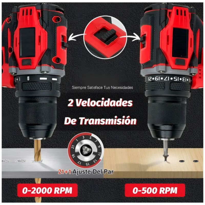 Kit Taladro Inalámbrico Impacto y Atornillador sin Escobillas Color Rojo