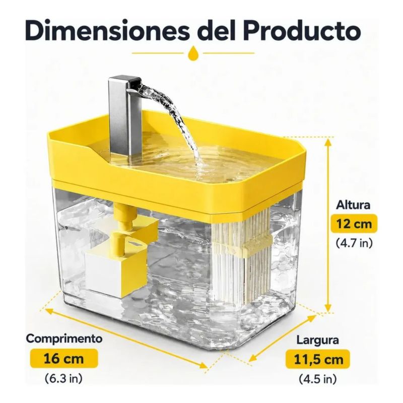 Fuente/bebedero Paragato Y Perro 1.5l/50oz+10 Filtro Esponja, Color Amarillo