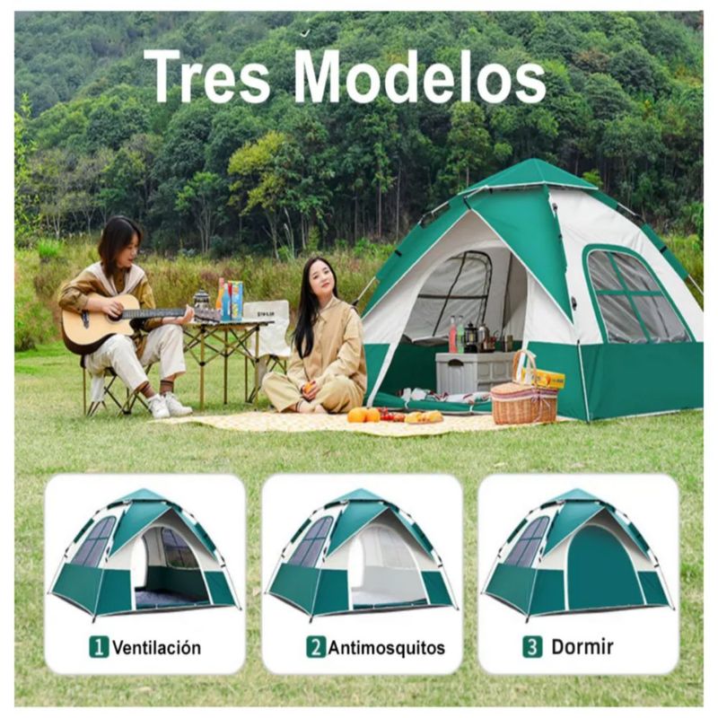 Tienda Campaña Casa Camping Acampar Alta Capacidad 210x200cm Para 3-4 Personas Automática, Color Verde