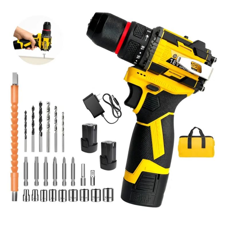 Kit Taladro Inalámbrico Atornillador Sin Escobillas, Color Amarillo/Negro
