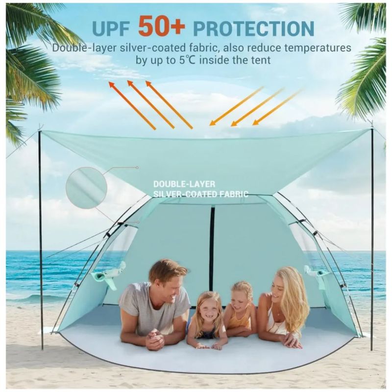 Carpa De Playa Portátil Con Toldo De Sombra Desmontable, Color Verde