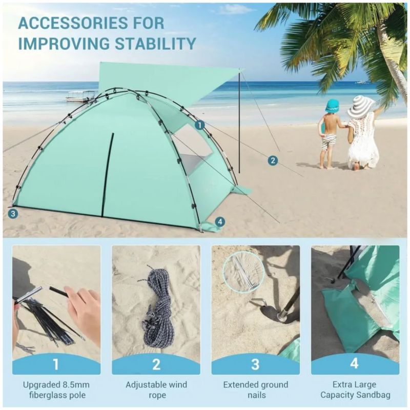Carpa De Playa Portátil Con Toldo De Sombra Desmontable, Color Verde