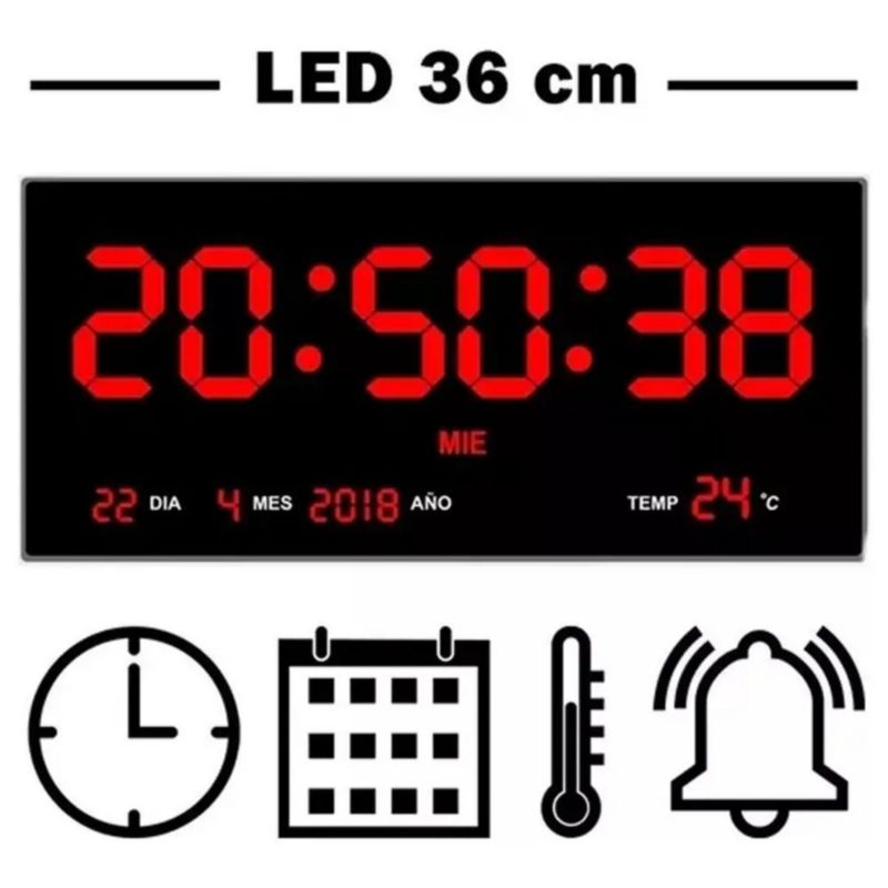 Reloj De Pared Bextsrack Led Rojo Termómetro Alarmas 36x15 Cm,  Color Negro