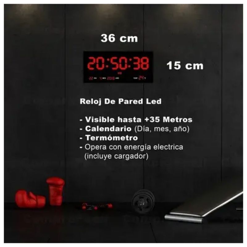 Reloj De Pared Bextsrack Led Rojo Termómetro Alarmas 36x15 Cm,  Color Negro