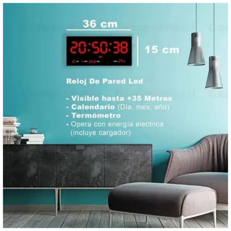 Reloj De Pared Bextsrack Led Rojo Termómetro Alarmas 36x15 Cm,  Color Negro