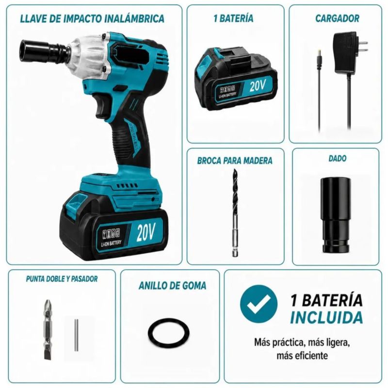 Llave de Impacto Eléctrica Pinchan Inalámbrica, Sin , 520 N Color Azul