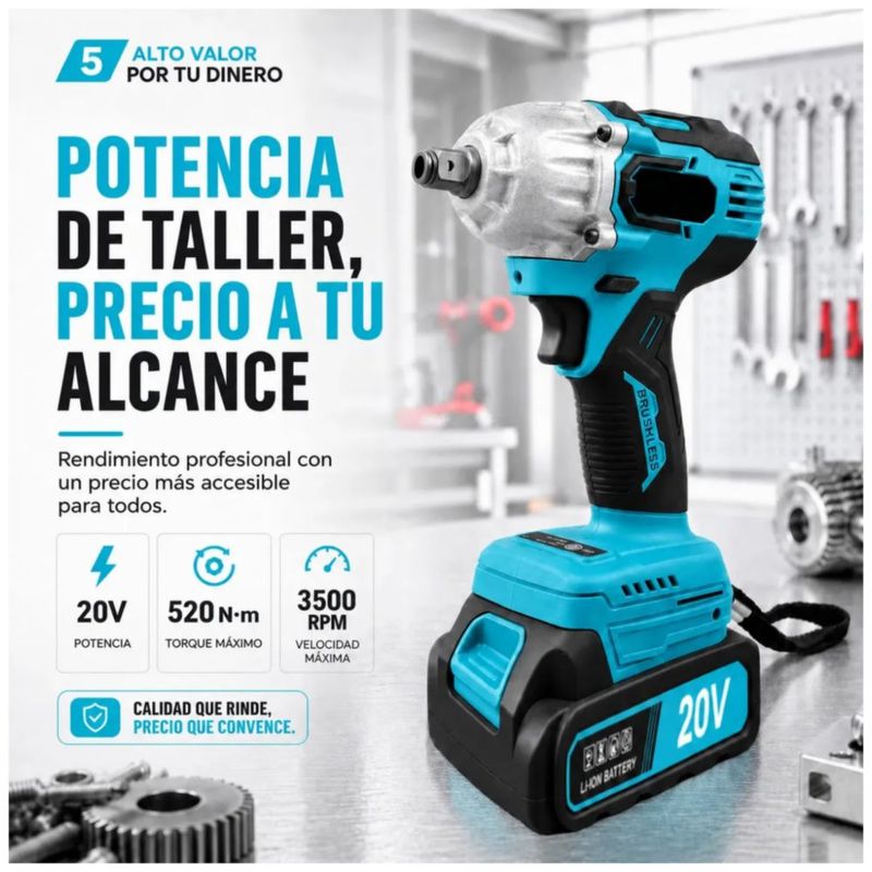 Llave de Impacto Eléctrica Pinchan Inalámbrica, Sin , 520 N Color Azul