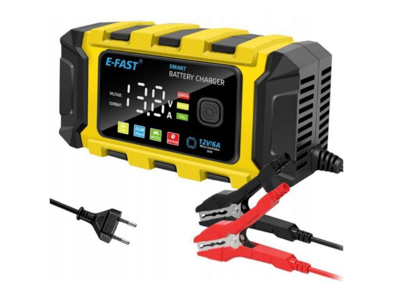 Cargador de Batería Inteligente Multifuncional 12V 6A con Pantalla Digital y Pinzas