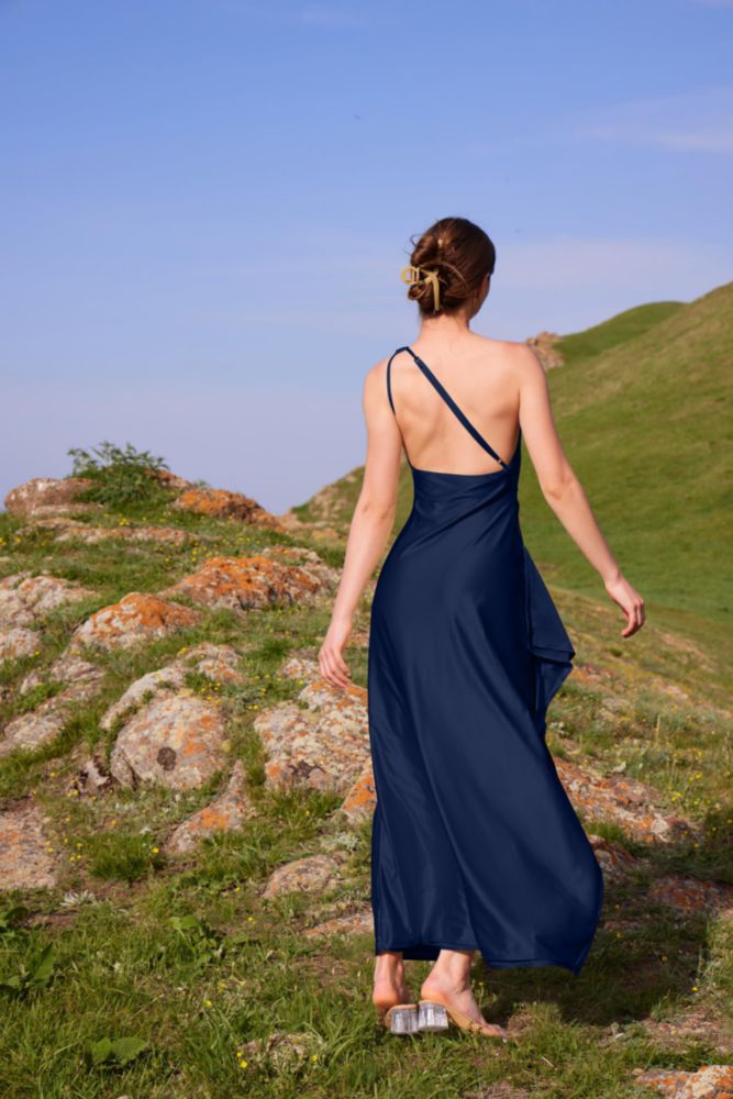 Vestido Memoriesea Maxi con Alta Abertura Lateral en Azul Marino Oscuro