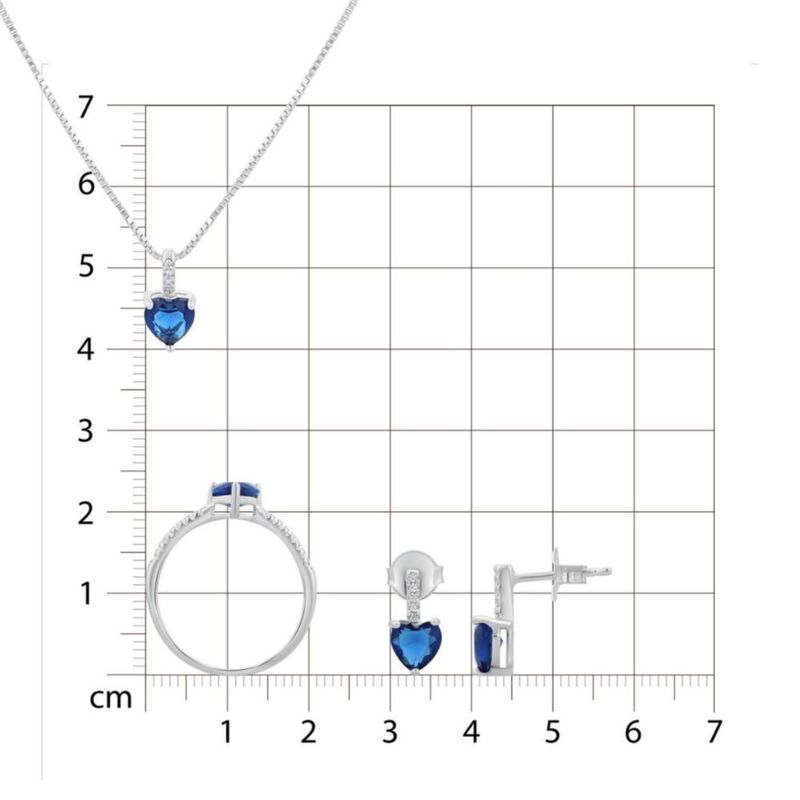 JUEGO DE ANILLO ARETES Y DIJE DE CORAZON CON CADENA PLATA BLANCA 925 CON ZIRCONIAS BLANCAS Y AZULES