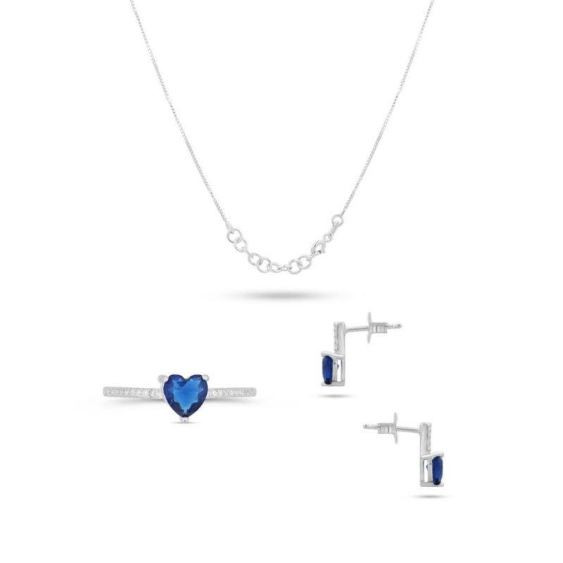 JUEGO DE ANILLO ARETES Y DIJE DE CORAZON CON CADENA PLATA BLANCA 925 CON ZIRCONIAS BLANCAS Y AZULES