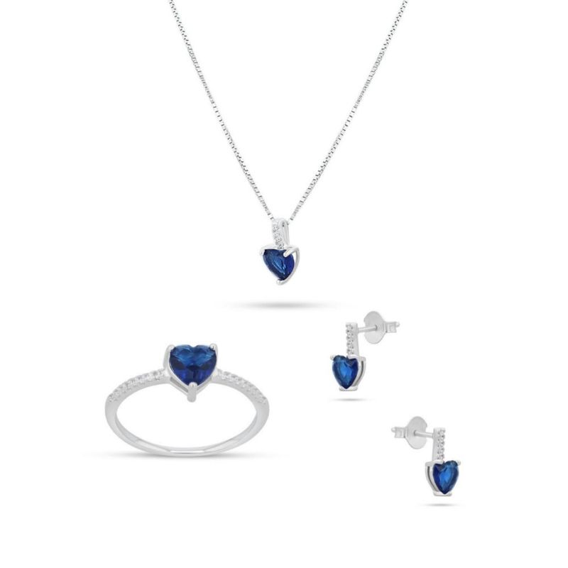 JUEGO DE ANILLO ARETES Y DIJE DE CORAZON CON CADENA PLATA BLANCA 925 CON ZIRCONIAS BLANCAS Y AZULES