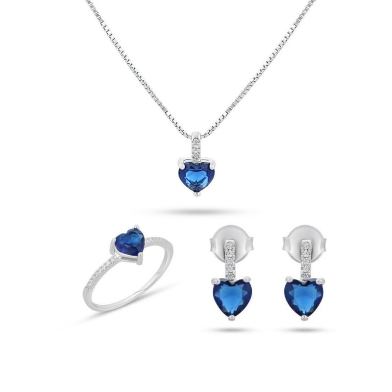 JUEGO DE ANILLO ARETES Y DIJE DE CORAZON CON CADENA PLATA BLANCA 925 CON ZIRCONIAS BLANCAS Y AZULES