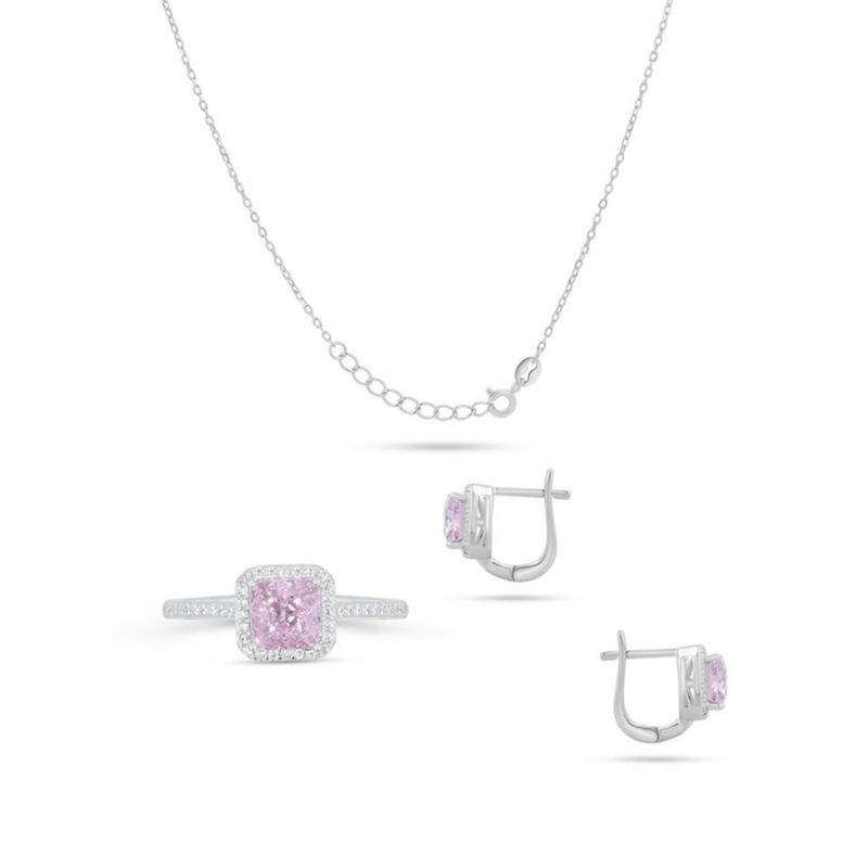 JUEGO DE ANILLO ARRACADAS Y GARGANTILLA DE PLATA BLANCA 925 CON ZIRCONIAS BLANCAS Y ROSAS