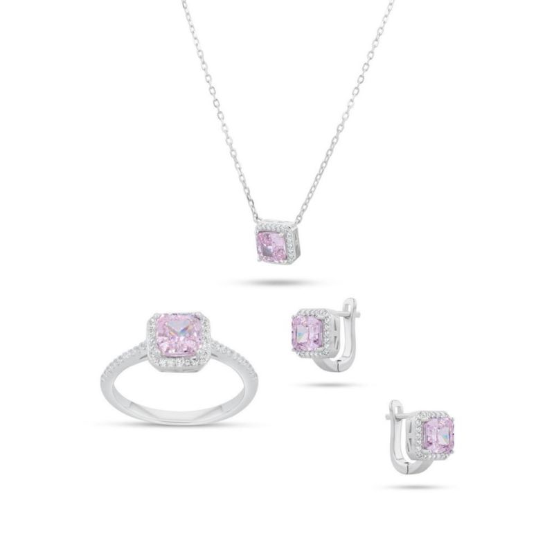 JUEGO DE ANILLO ARRACADAS Y GARGANTILLA DE PLATA BLANCA 925 CON ZIRCONIAS BLANCAS Y ROSAS