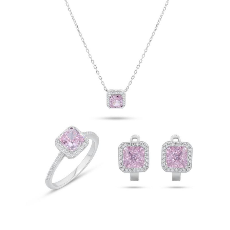 JUEGO DE ANILLO ARRACADAS Y GARGANTILLA DE PLATA BLANCA 925 CON ZIRCONIAS BLANCAS Y ROSAS