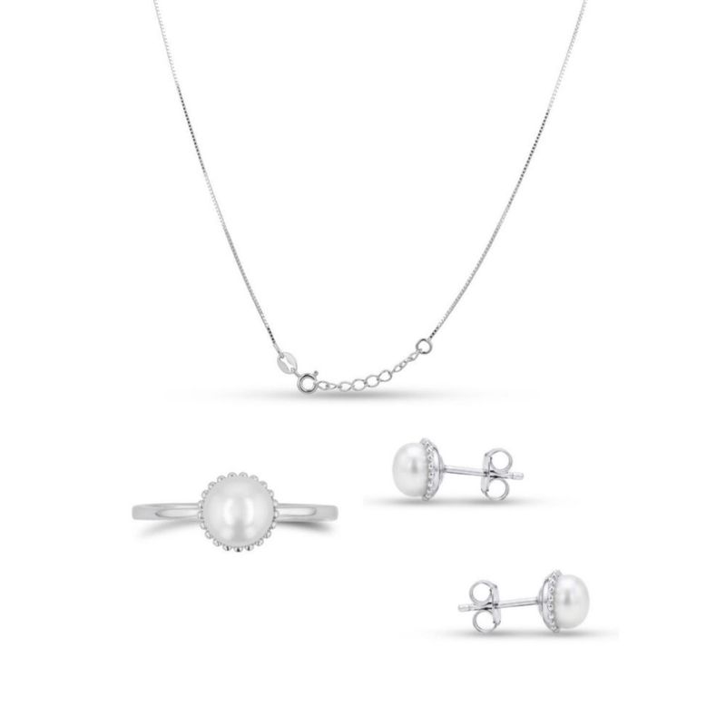 JUEGO DE ANILLO ARETES Y DIJE CON CADENA DE PLATA BLANCA 925 CON PERLA