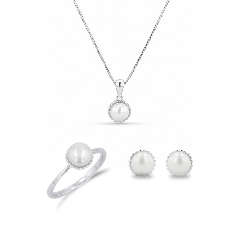 JUEGO DE ANILLO ARETES Y DIJE CON CADENA DE PLATA BLANCA 925 CON PERLA
