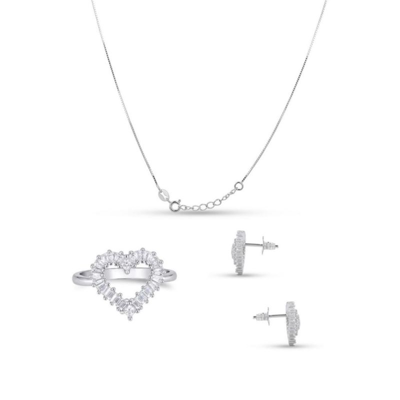 JUEGO DE ANILLO ARETES Y DIJE DE CORAZON CON CADENA DE PLATA BLANCA 925 CON ZIRCONIAS