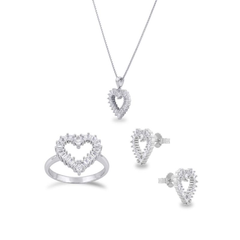 JUEGO DE ANILLO ARETES Y DIJE DE CORAZON CON CADENA DE PLATA BLANCA 925 CON ZIRCONIAS