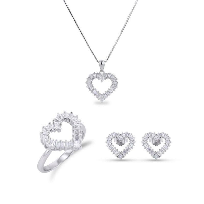 JUEGO DE ANILLO ARETES Y DIJE DE CORAZON CON CADENA DE PLATA BLANCA 925 CON ZIRCONIAS