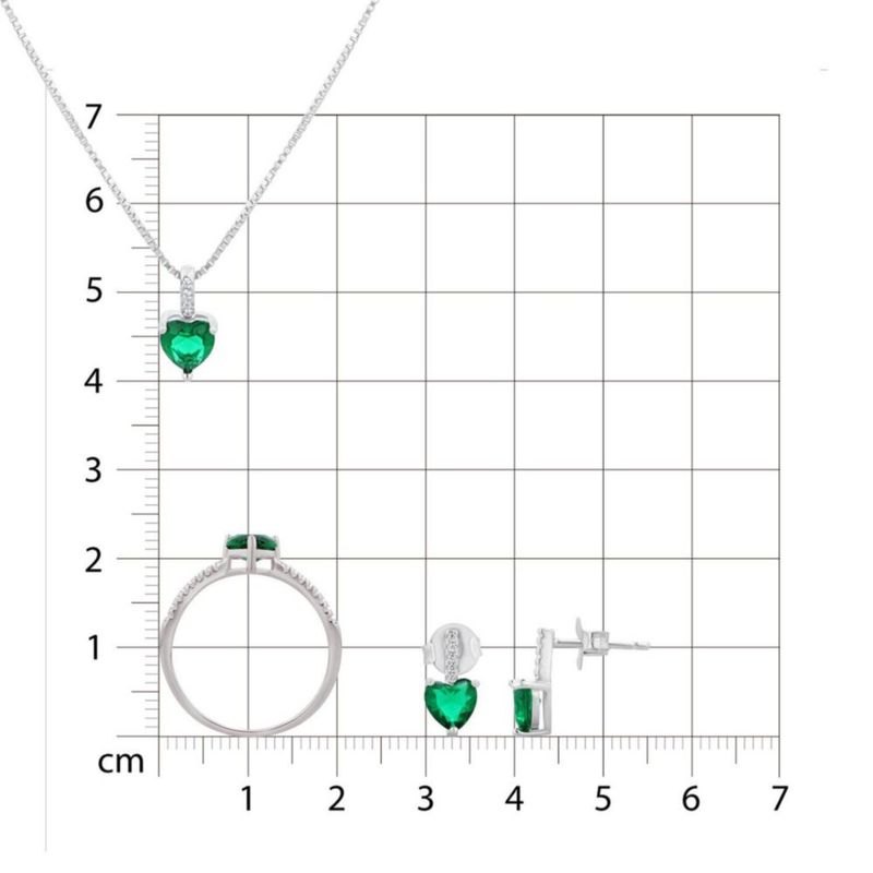 JUEGO DE ANILLO ARETES Y DIJE DE CORAZON CON CADENA PLATA BLANCA 925 CON ZIRCONIAS BLANCAS Y VERDES