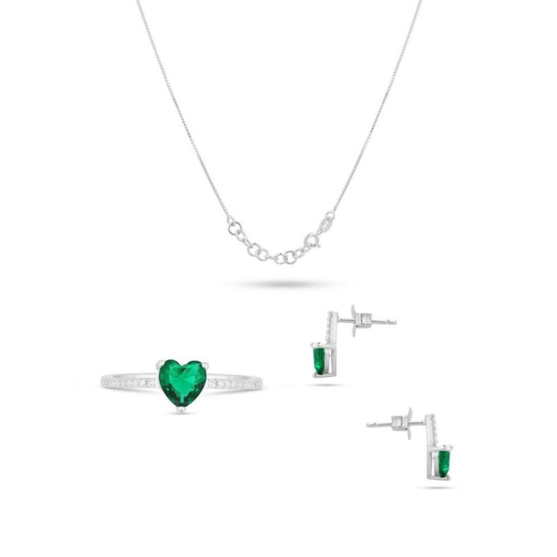JUEGO DE ANILLO ARETES Y DIJE DE CORAZON CON CADENA PLATA BLANCA 925 CON ZIRCONIAS BLANCAS Y VERDES