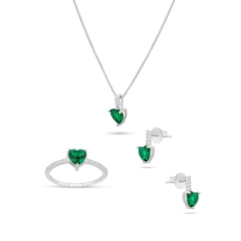JUEGO DE ANILLO ARETES Y DIJE DE CORAZON CON CADENA PLATA BLANCA 925 CON ZIRCONIAS BLANCAS Y VERDES