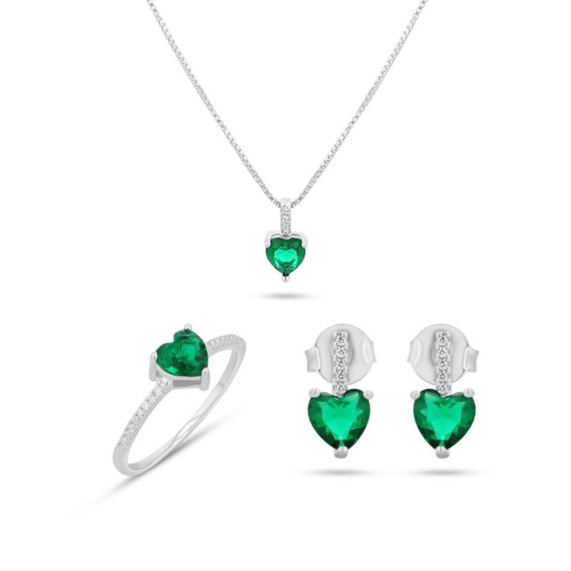 JUEGO DE ANILLO ARETES Y DIJE DE CORAZON CON CADENA PLATA BLANCA 925 CON ZIRCONIAS BLANCAS Y VERDES