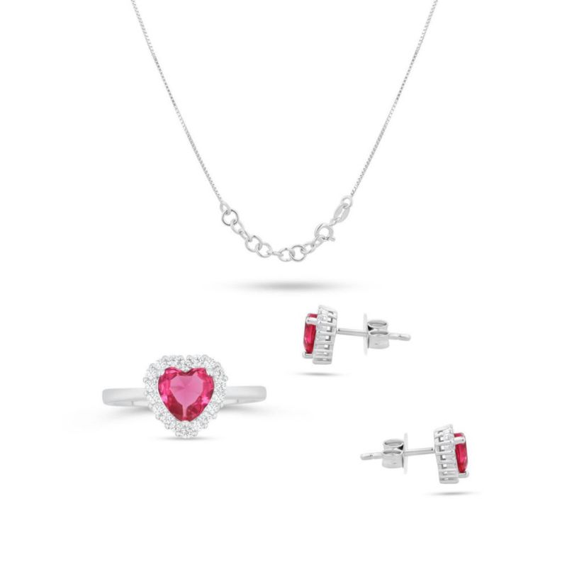 JUEGO DE ANILLO ARETES Y DIJE DE CORAZON CON CADENA PLATA BLANCA 925 CON ZIRCONIAS BLANCAS Y ROSAS