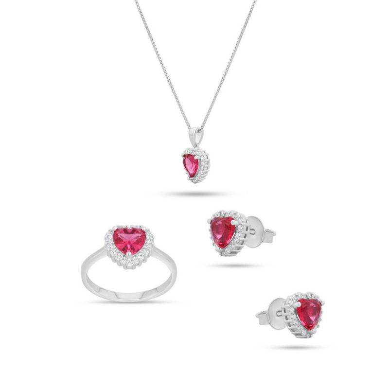 JUEGO DE ANILLO ARETES Y DIJE DE CORAZON CON CADENA PLATA BLANCA 925 CON ZIRCONIAS BLANCAS Y ROSAS